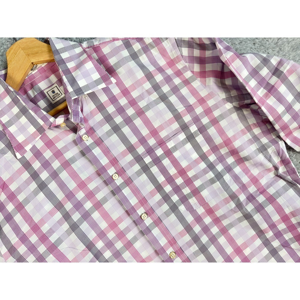 Peter Millar Mens Large Long Sleeve Cotton Button Down Plaid Check Shirt Pink